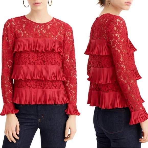 J.Crew Red Lace Pleated Ruffle layers Top Size 4 Holiday Party Family photos - Picture 2 of 9